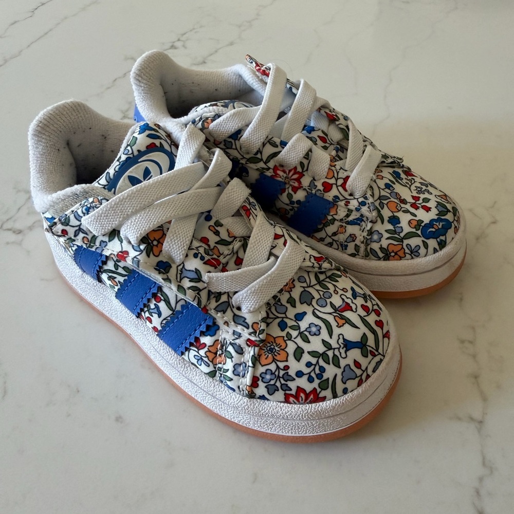 adidas x liberty of london White Floral Kids Campus Sneakers with Blue Stripes